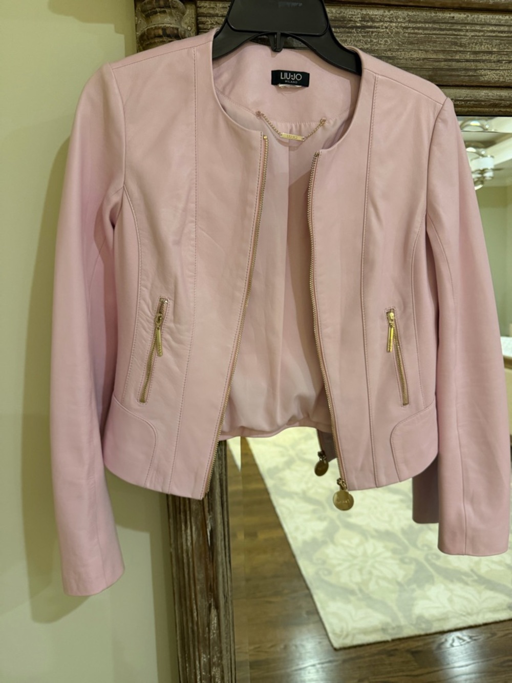 Liu Jo Soft Pink Collarless Leather Jacket with Gold Zippers